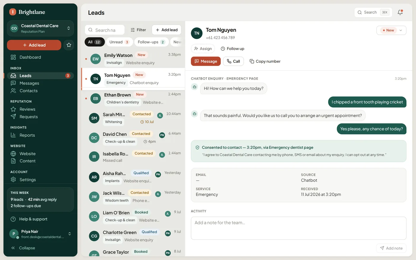 A lead in the portal: the after-hours chatbot conversation, and the consent record showing when and where the patient agreed to be contacted.
